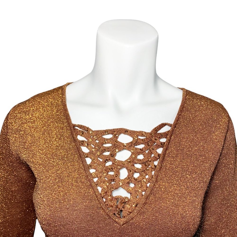 VINTAGE JOSEPH A. Deadstock Y2K Copper Metallic Lattice Front Holiday Sweater - Picture 3 of 5